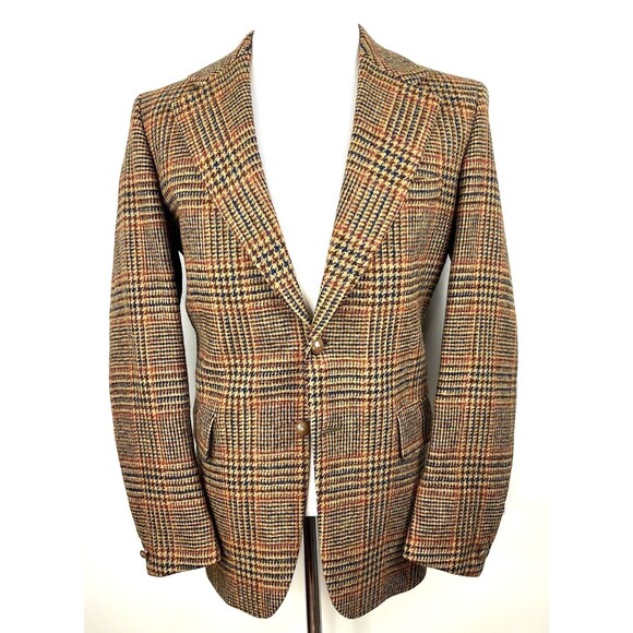 Vintage 60s Harris Tweed Sport Coat Blazer Mens 42R Glen Plaid 2 Button Tan - Picture 4 of 10